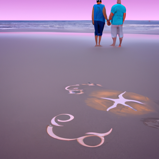 An image of a serene beach at sunset, where a couple is standing hand-in-hand, their faces reflecting surprise and joy