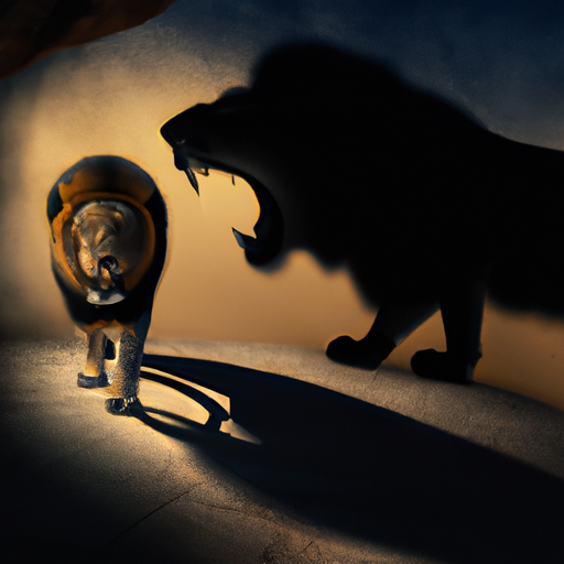 An image capturing a Leo's fear of being overshadowed, with a vibrant, confident lion shrinking into the shadows as a colossal figure looms above, representing their fear of being diminished