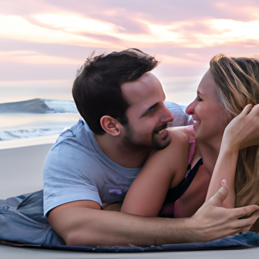 An image capturing a couple sitting side by side on a picturesque beach at sunset, leaning against each other with genuine smiles