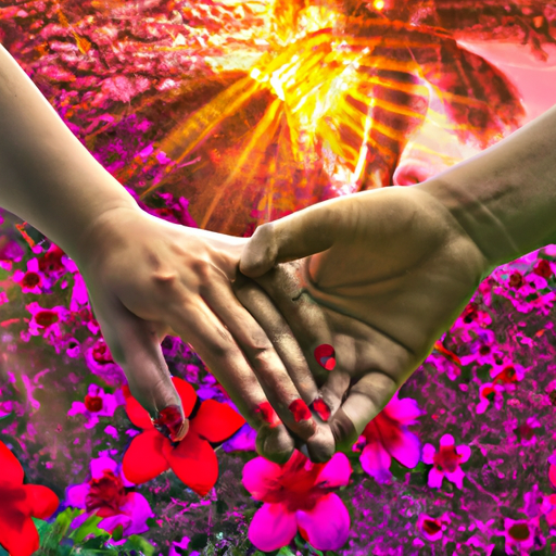 An image depicting a couple holding hands, surrounded by blooming flowers and a warm sunset, symbolizing their love and respect