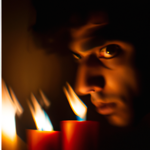 An image capturing the eerie atmosphere of a dimly lit room, with a person's face distorted in anguish, their eyes fixed with a piercing glare, surrounded by flickering candles and mysterious shadows