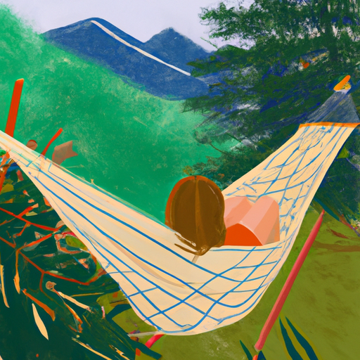 An image featuring a serene scene: a person lying in a hammock, surrounded by lush greenery, with a gentle breeze, soft sunlight filtering through trees, and a cup of herbal tea nearby