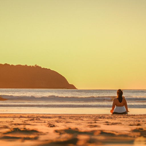 An image showcasing a serene beach scene, bathed in golden sunlight