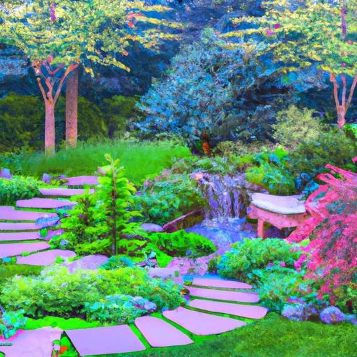 An image featuring a serene garden scene with a winding pathway leading towards a secluded meditation spot, surrounded by lush greenery, blooming flowers, and trickling waterfalls, evoking a sense of tranquility and peace