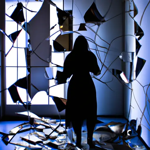 An image that portrays a desolate room with shattered mirrors reflecting a person's fragmented identity