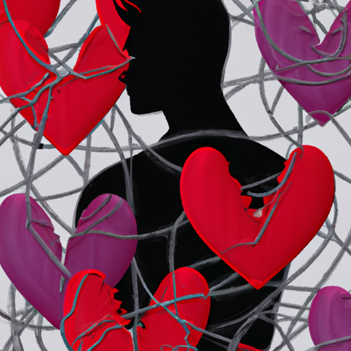 An image showcasing a person surrounded by a tangled web of shattered hearts, their own heart visibly breaking, while their silhouette fades into the background, symbolizing the emotional neglect caused by a narcissistic partner
