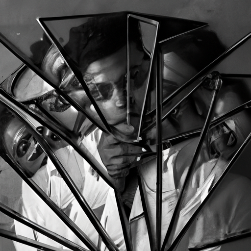 An image that portrays a shattered mirror reflecting a person's desperate gaze, surrounded by a crowd of faceless admirers holding mirrors, each reflecting a distorted image of themselves back at the subject