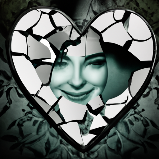 An image that depicts a shattered mirror, reflecting distorted fragments of a person's face with a sinister smile, while a fragile heart lies crushed beneath, symbolizing the devastating effects of being in love with a narcissist