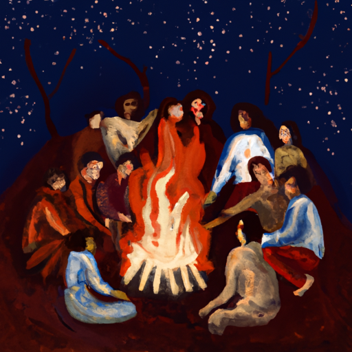 Arm, vibrant colors, depict a diverse group of individuals gathered around a cozy bonfire, sharing laughter and stories