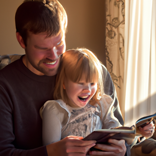 An image that portrays a warm, sunlit living room where a father and his young daughter are engrossed in a book, their heads leaning towards each other, smiles lighting up their faces