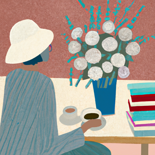 An image showcasing a person sitting in a cozy cafe, savoring a cup of artisan coffee while reading a classic novel, surrounded by a stack of books and a lavish bouquet of flowers