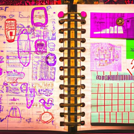 An image capturing a well-worn, dog-eared notebook filled with colorful expense trackers, revealing intricate patterns of spending