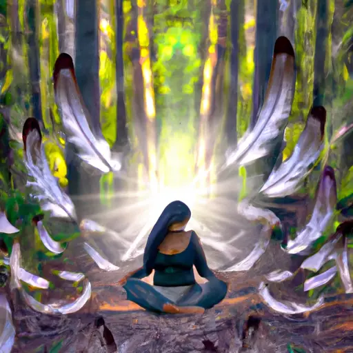 An image of a person sitting cross-legged amidst a serene forest, their eyes closed in meditation