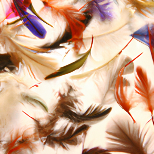 An image showcasing an array of vibrant feathers gently floating in mid-air, casting soft shadows