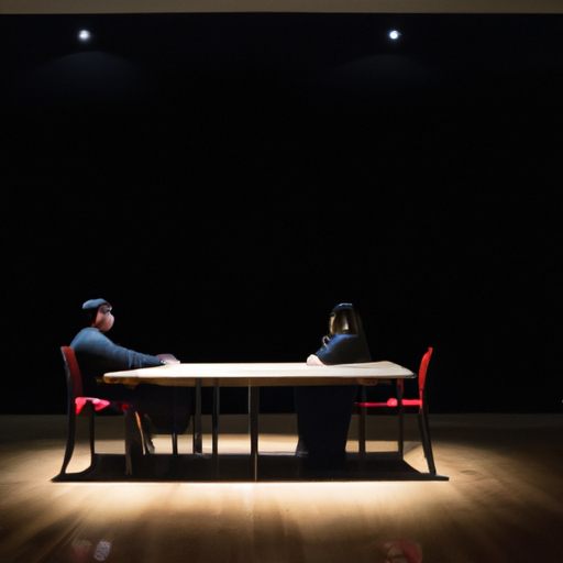 An image showcasing a couple sitting on opposite ends of a long, empty table in a dimly lit room