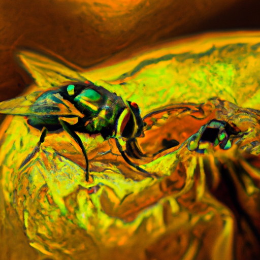 An image depicting a vivid close-up of a buzzing fly perched on a decaying fruit, symbolizing transformation and decay