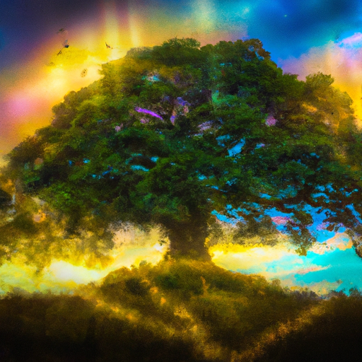 An image showcasing a mystical, ethereal landscape with a vibrant sun setting behind a solitary, majestic oak tree