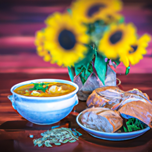 An image showcasing a rustic wooden table adorned with a steaming bowl of homemade chicken soup, a loaf of freshly baked bread, and a bouquet of vibrant sunflowers, evoking warmth, nourishment, and the healing embrace of food