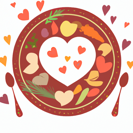 An image showcasing a heart-shaped plate filled with delectable dishes, beautifully arranged with vibrant colors and intricate details