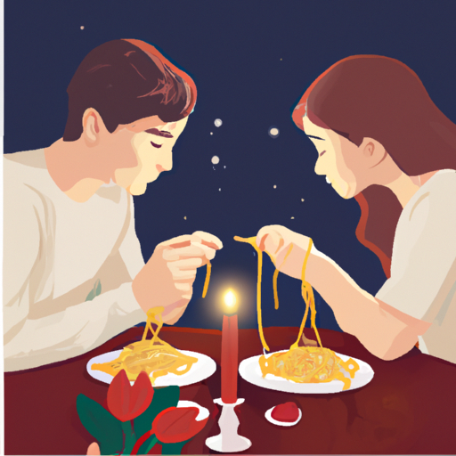 An image capturing a couple sitting at a candlelit table, delicately splitting a perfectly cooked spaghetti strand, their eyes locked with love and anticipation as they share a mouthwatering meal together