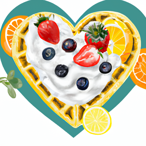 An image featuring a heart-shaped waffle topped with a dollop of whipped cream, surrounded by a colorful array of fresh fruits and vibrant berries, symbolizing the fusion of love and food