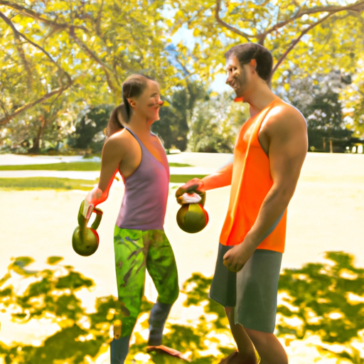 An image of a sunny park with a couple effortlessly lifting kettlebells together, their laughter echoing through the air