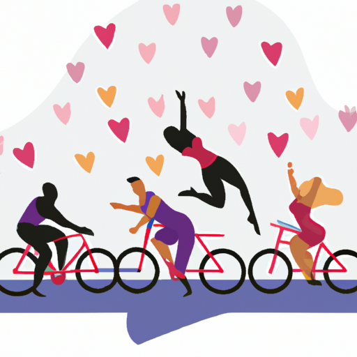 An engaging image showcasing a vibrant group fitness class, with couples energetically participating in activities like partner yoga, tandem cycling, and synchronized dance, radiating joy and togetherness