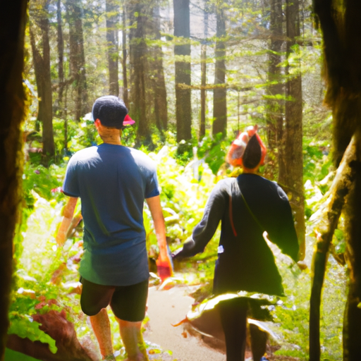 Nt image capturing a couple hiking through a lush forest, their hands intertwined as they explore a hidden trail