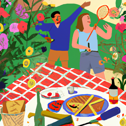 An image featuring a couple joyfully engaged in a lively game of backyard badminton surrounded by vibrant flowers and a picnic blanket with a spread of delicious snacks, showcasing the excitement of trying new hobbies together