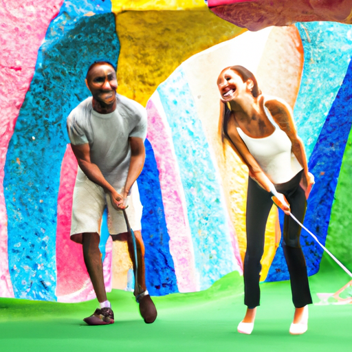 An image featuring a smiling couple playfully engaged in an intense game of mini golf, surrounded by colorful obstacles