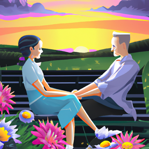 An image showcasing a couple sitting on a park bench, leaning towards each other with genuine smiles, while holding hands