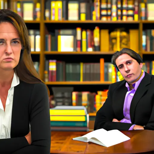 An image displaying a couple sitting across from a divorce lawyer, their faces reflecting confusion and concern