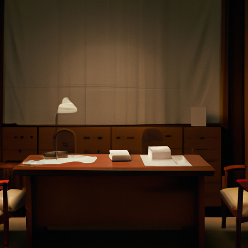 An image depicting a dimly lit office room, with two empty chairs facing each other, a large wooden desk in the center, and a stack of legal documents waiting to be examined