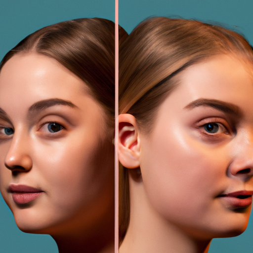An image showcasing a split-screen of two faces, one with perfectly symmetrical features and the other with slight imbalances