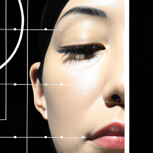 An image capturing a close-up of a face divided by golden ratio lines, showcasing the precise measurements of facial features