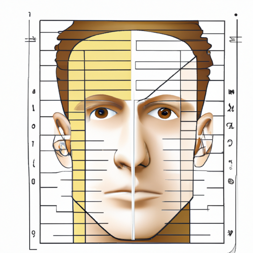 An image showcasing a person's face divided into sections with precise lines and measurements, demonstrating the use of calipers, rulers, and protractors to analyze facial symmetry for the Golden Ratio Face Test