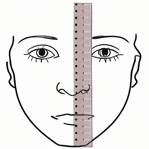 An image showcasing a person's face divided into equal sections using a ruler, with dotted lines indicating the measurements of various facial features
