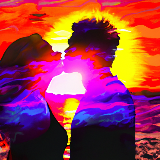 An image showcasing a couple passionately kissing, surrounded by a vibrant sunset backdrop