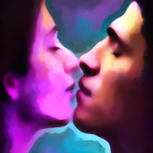 An image showcasing two people engaged in a passionate kiss, with vibrant colors depicting the exchange of love