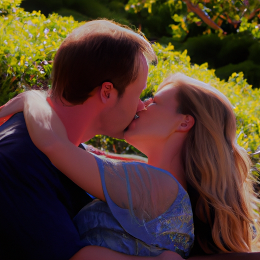 An image showcasing a serene couple kissing in a lush, sunlit park