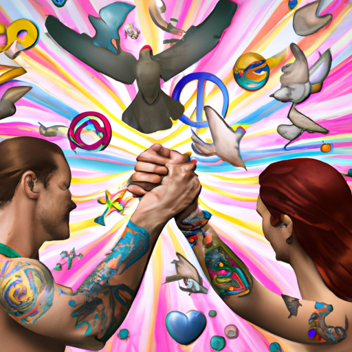 An image featuring an Aquarius zodiac sign embracing their partner, surrounded by vibrant human rights symbols like raised fists, equality signs, and peace doves, illustrating their unwavering love and support for their humanitarian pursuits and causes