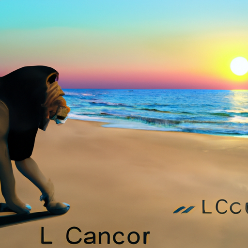 An image showing a heartbroken Cancer sitting on a picturesque beach at sunset, their teary eyes reflecting the fading sunlight, while a confident Leo walks away in the distance, casting a long shadow