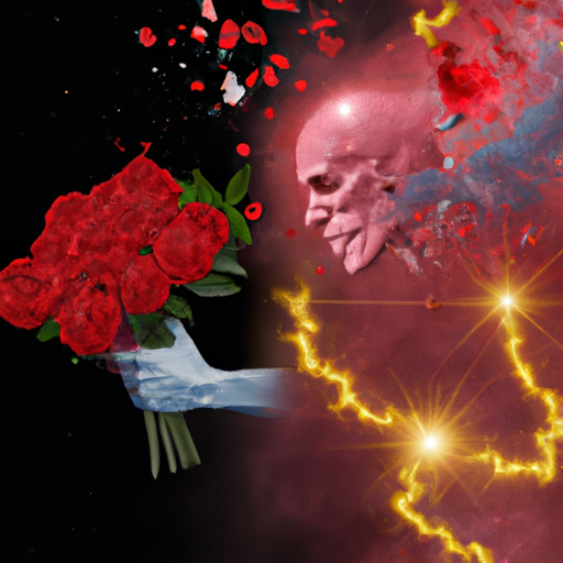 An image depicting a tender Cancer holding a bouquet of red roses, while an emotionally charged Aries storms away, leaving behind a trail of fiery ashes and shattered hearts