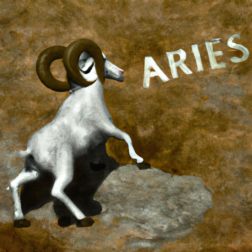 An image showcasing an assertive Aries zodiac sign, symbolized by a ram, tirelessly pushing a boulder uphill, representing their determined and persistent nature, as described by astrology and horoscopes