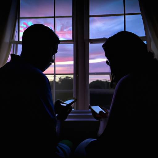 Create an image showcasing two individuals sitting back-to-back, absorbed in their smartphones, while a romantic sunset paints the sky outside their window