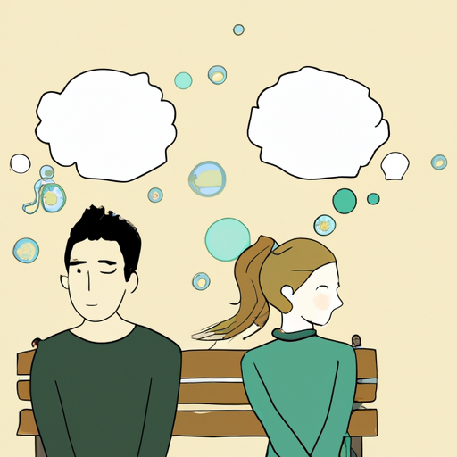 An image of a couple sitting closely on a park bench, facing away from each other, with thought bubbles above their heads depicting different insecurities, while a gentle breeze blows away their doubts