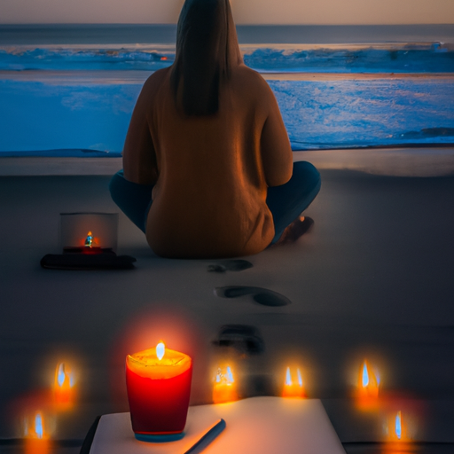 An image of a person sitting cross-legged on a serene beach, surrounded by candles and a journal, reflecting on their emotions
