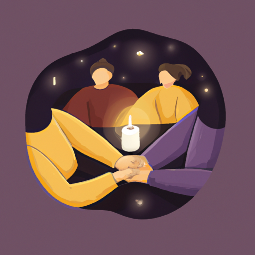 An image showcasing a couple sitting on a cozy couch, surrounded by warm candlelight