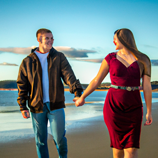A vibrant image showcasing a couple strolling hand in hand along a sunlit beach