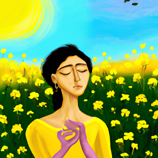 An image featuring a serene person sitting cross-legged in a lush, flower-filled meadow, eyes closed, palms open towards the sky